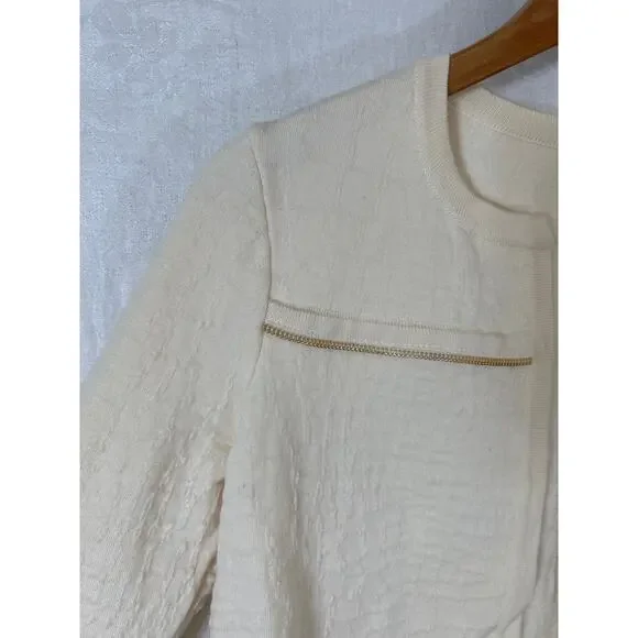 Stefan Green 2 Cardigan Sweater Merino Wool Blend Cream Gold Zip Trim Boxy - Picture 5 of 11